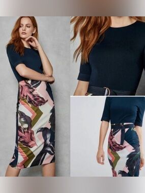 Ted Baker Navy and Pink Bodycon Sheath Midi Dress, Belted, size 1 (US size 4)